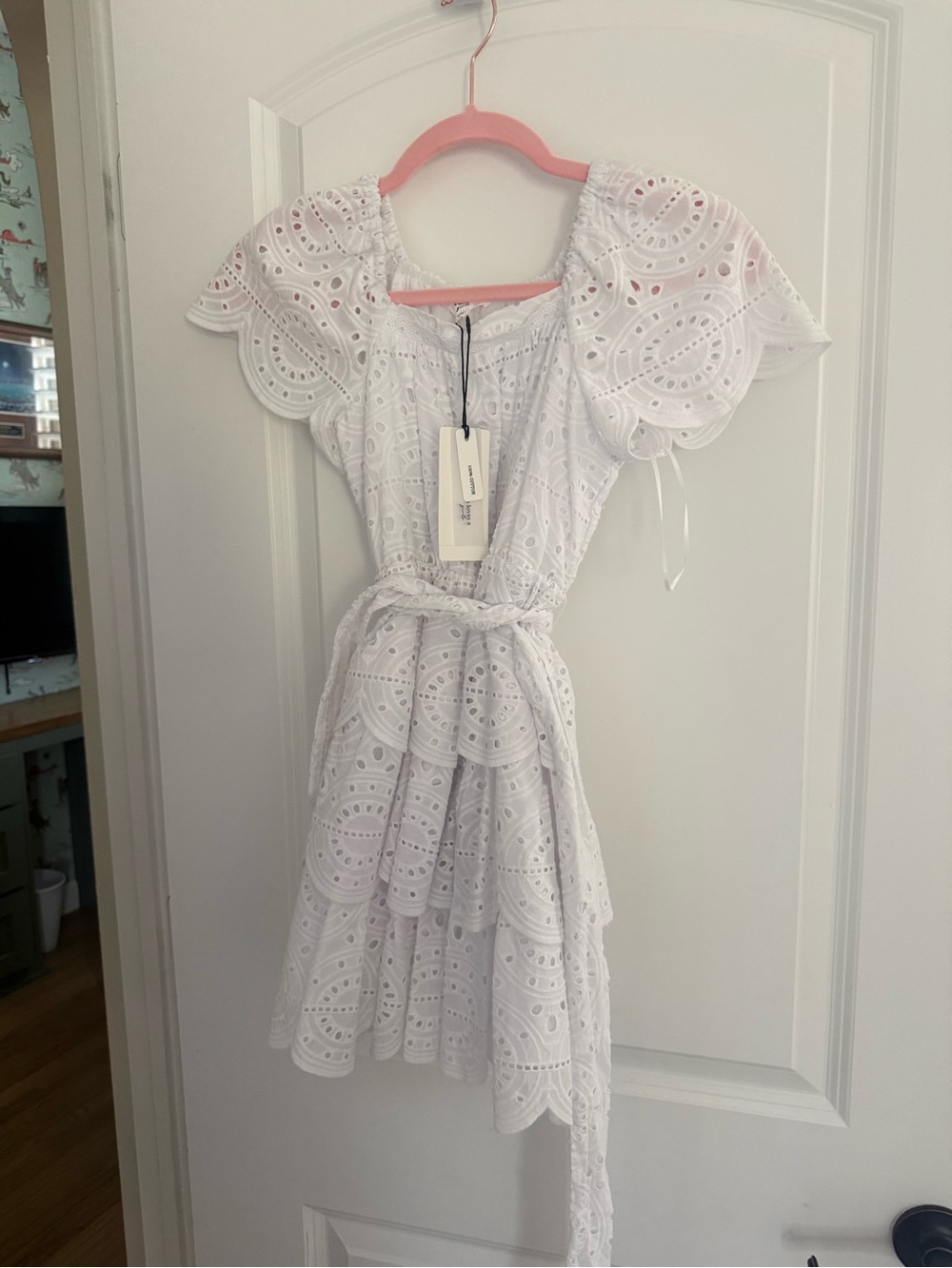 White Eyelet Belted Kids Dress